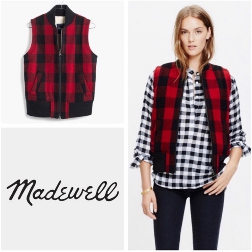 Madewell Wool Buffalo Check Sherpa Fleece Lined Vest Full Zip Knit Collar XL